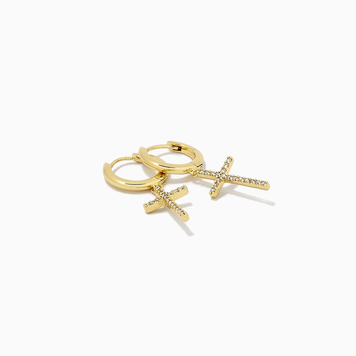 Pavé Cross Huggie Earrings | Gold | Product Detail Image | Uncommon James