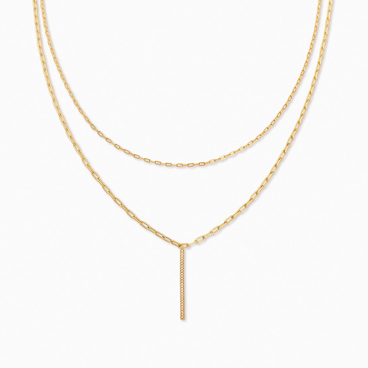 Gold Simple Pavé Bar + Double Chain Layered Necklace
