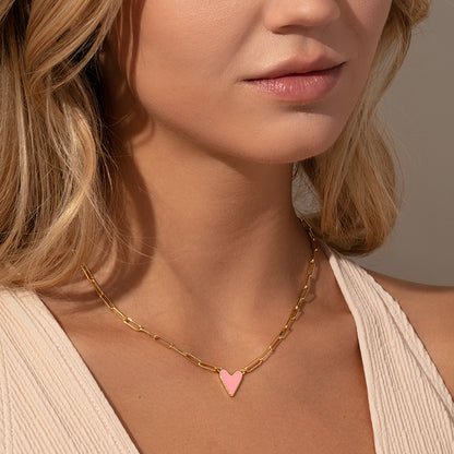 Enamel Heart Necklace | Gold Hot Pink | Model Image | Uncommon James