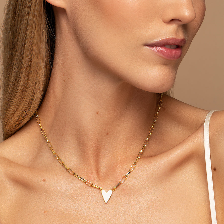 Enamel Heart Necklace | Gold White | Model Image | Uncommon James