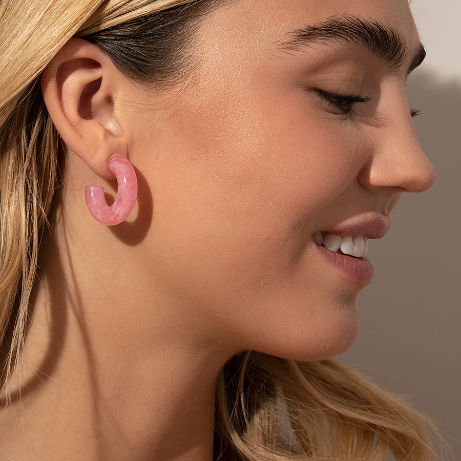 Tube Hoop Earrings | Resin Marbled Pink | Model Image | Uncommon James