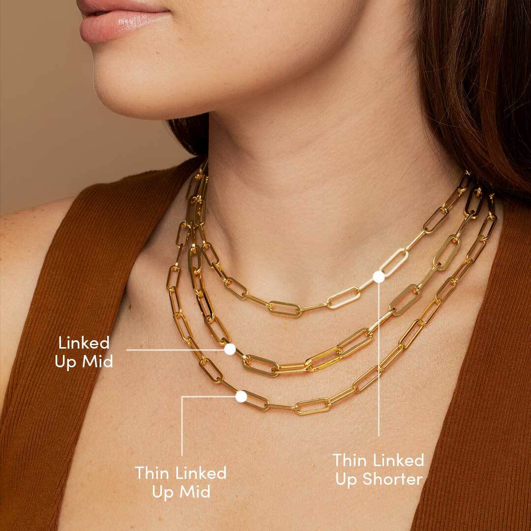 Thin Linked Up Necklace | Gold Shorter Gold Mid | Model Image | Uncommon James