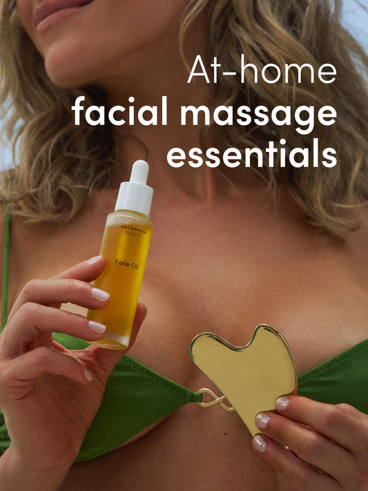 Face Oil and Gua Sha Duo | Campaign Image | Uncommon Beauty | At-home facial massage essentials
