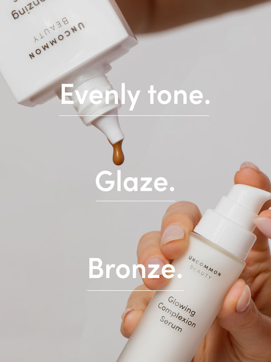 Second Skin Glow Duo | Info Image | Uncommon Beauty | Evenly tone. Glaze. Bronze.