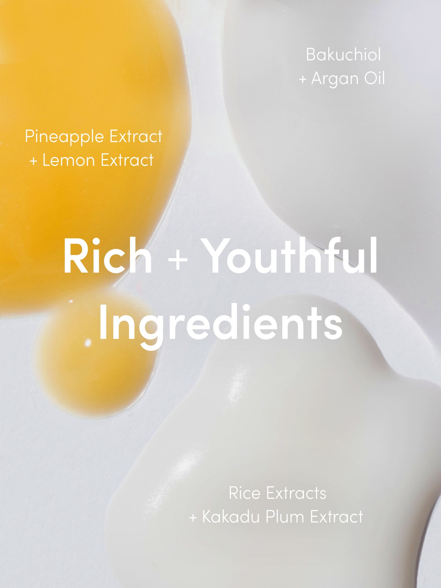 Youthful Glow Bundle | Product Info Image | Uncommon Beauty | Rich + Youthful Ingredients | Bakuchiol + Argan Oil, Pineapple Extract + Lemon Extract | Rice Extracts + Kakadu Plum Extract