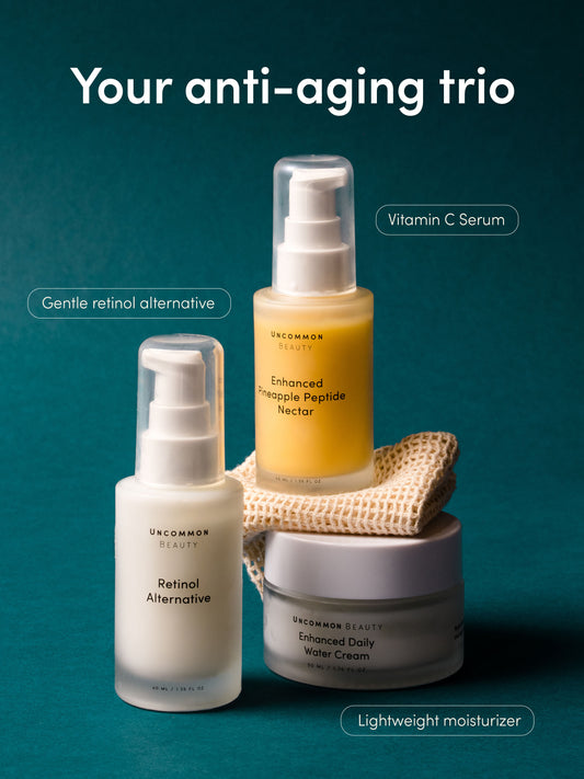 Youthful Glow Bundle | Product Detail Image | Uncommon Beauty | Your anti-aging trio | Vitamin C Serum, Gentle retinol alternative, Lightweight moisturizer