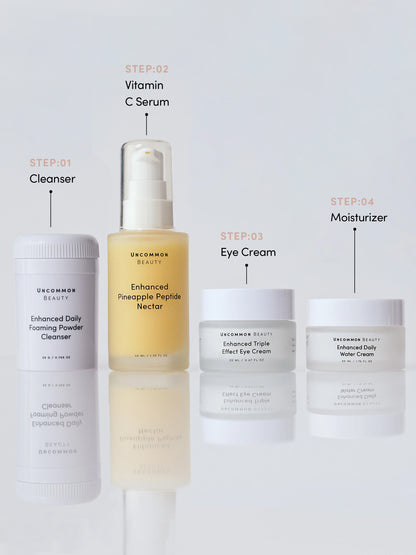 ["Beauty Bundle and Vegan Leather Travel Bag ", " Routine Image ", " Uncommon Beauty"]