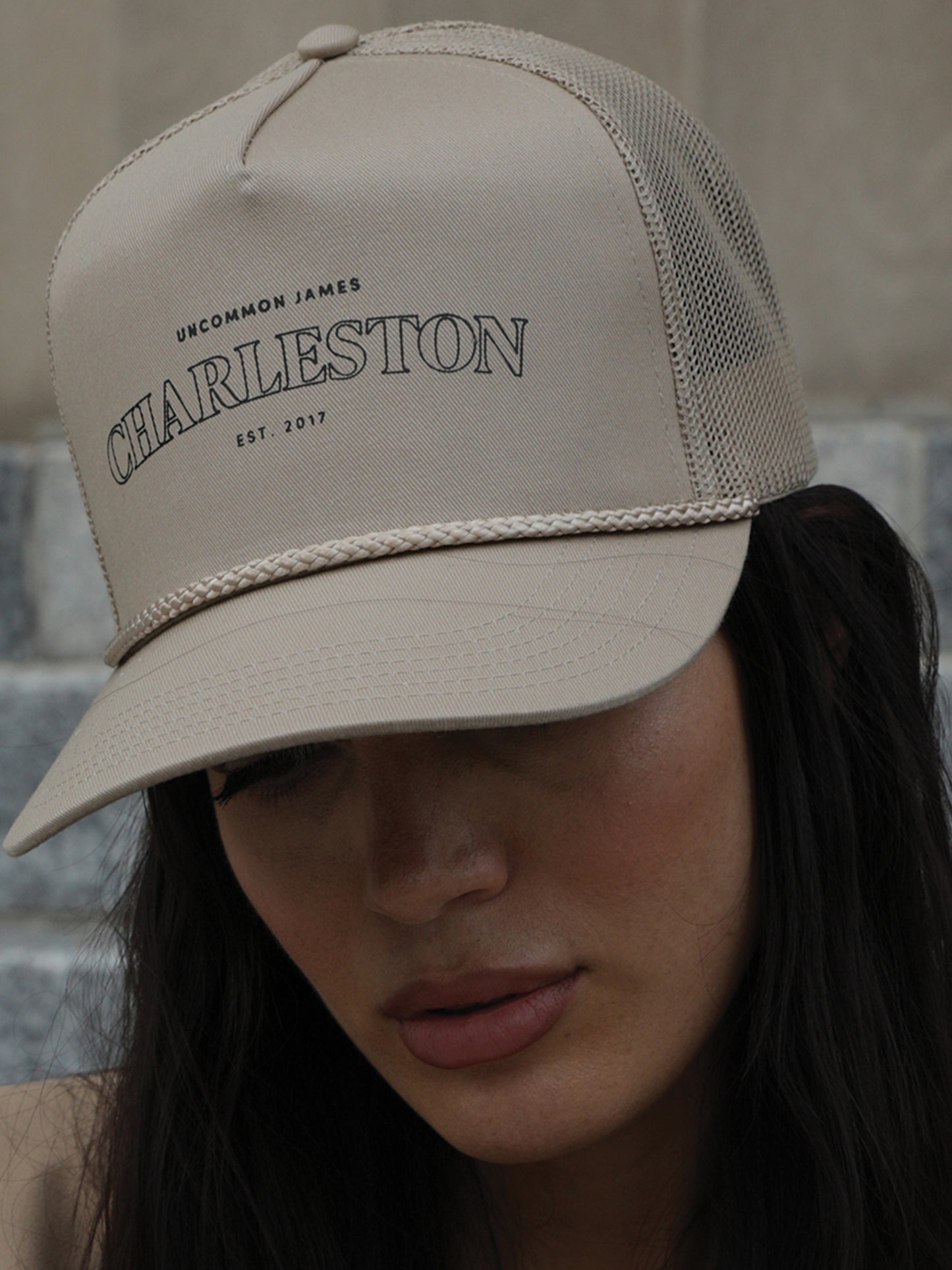 Charleston Trucker Hat | Beige | Model Image | Uncommon Lifestyle