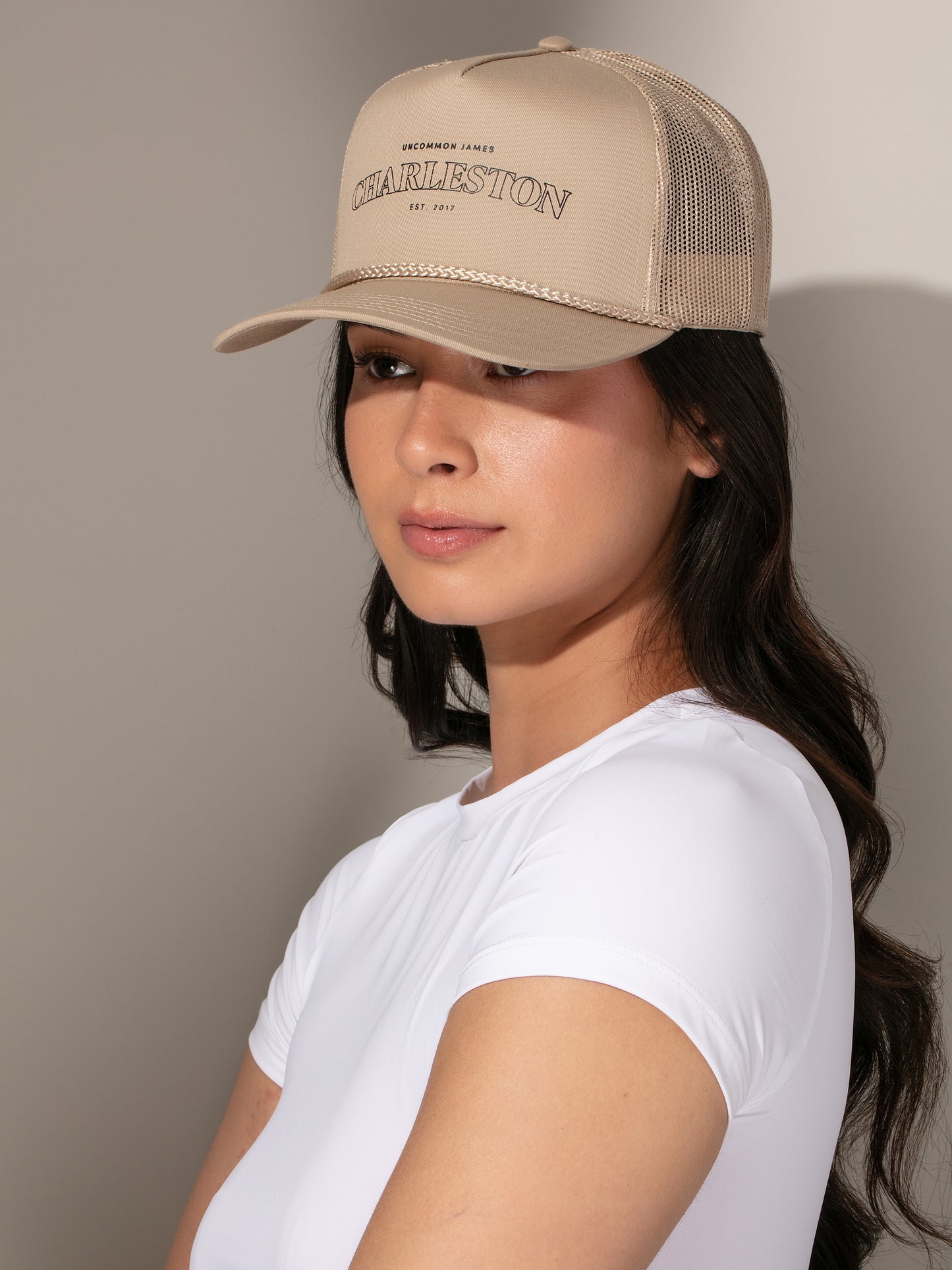 Charleston Trucker Hat | Beige | Model Image 2 | Uncommon Lifestyle