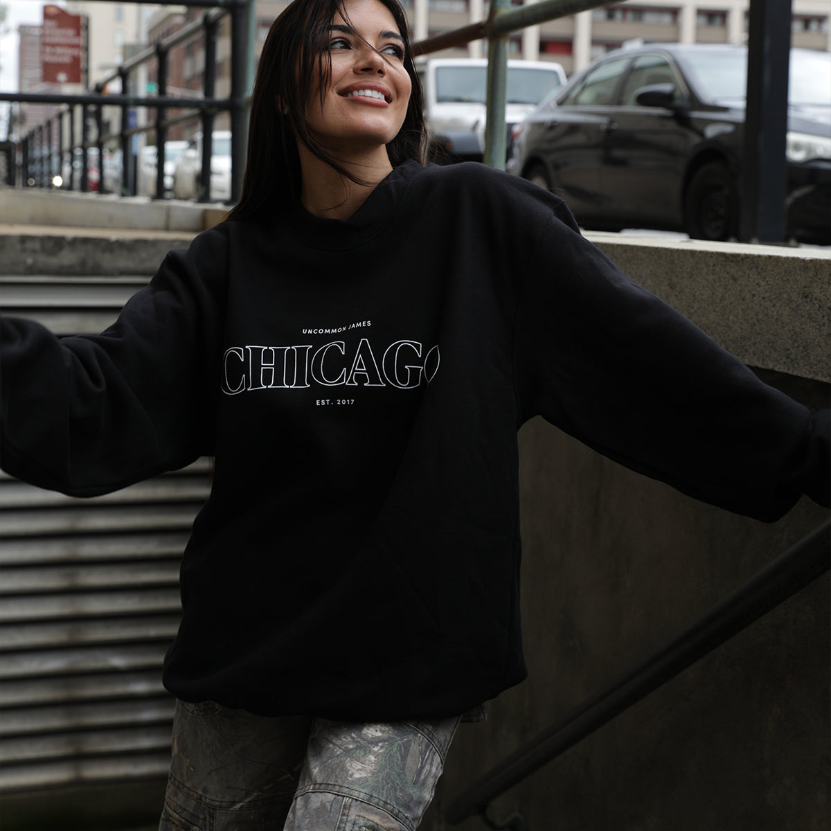 Chicago Sweatshirt | Black | Lifestyle Image | Uncommon James