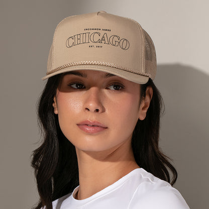 Chicago Trucker Hat | Beige | Model Image | Uncommon James