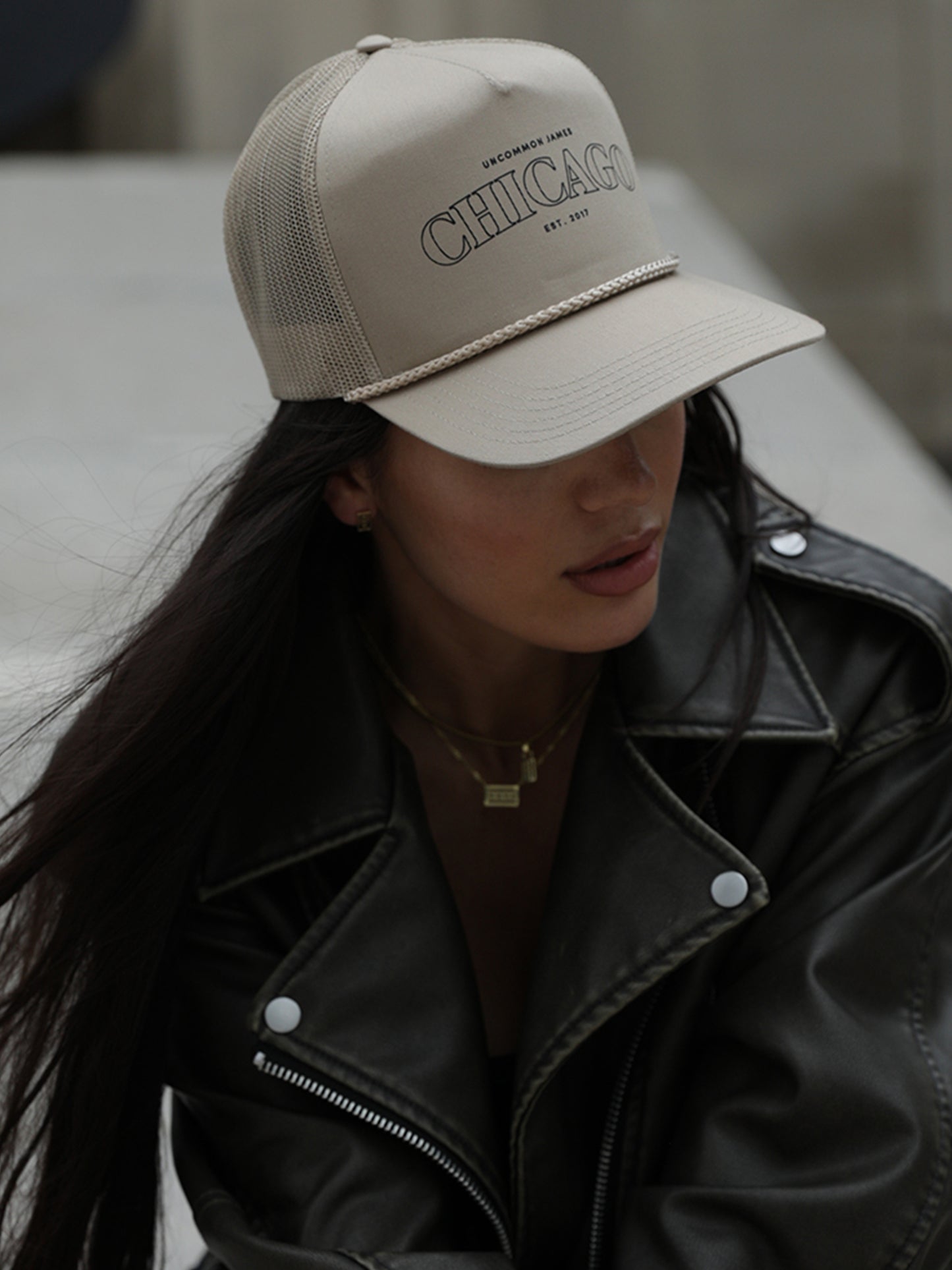 Chicago Trucker Hat | Beige | Model Image | Uncommon Lifestyle