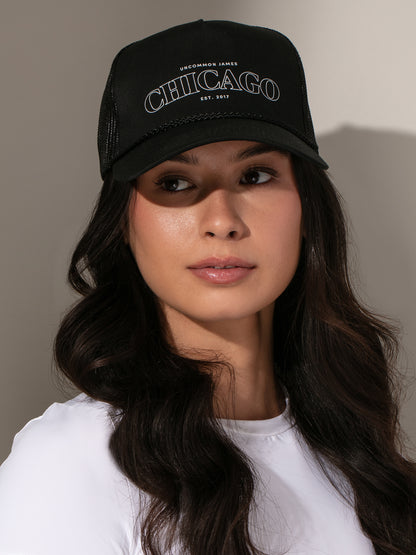 Chicago Trucker Hat | Black | Model Image | Uncommon Lifestyle