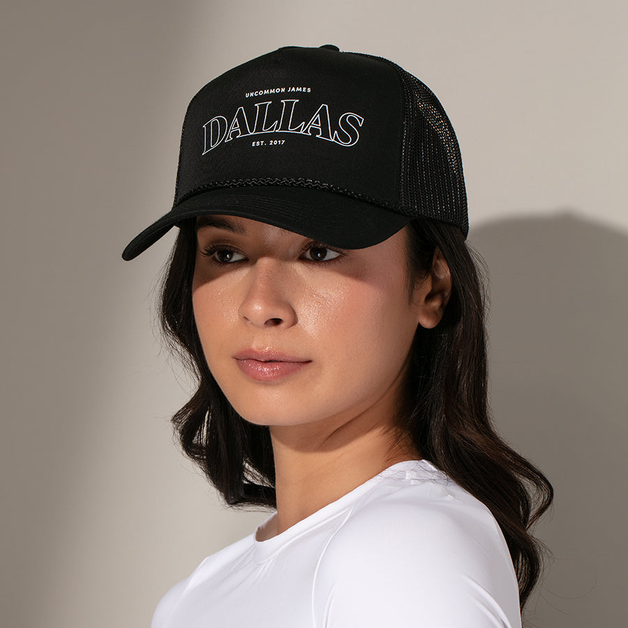 Dallas Trucker Hat in Black and Beige | Uncommon James