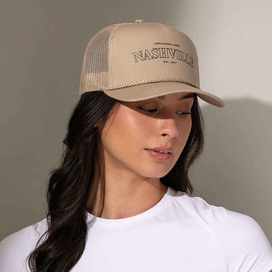 Nashville Trucker Hat | Beige | Model Image | Uncommon James