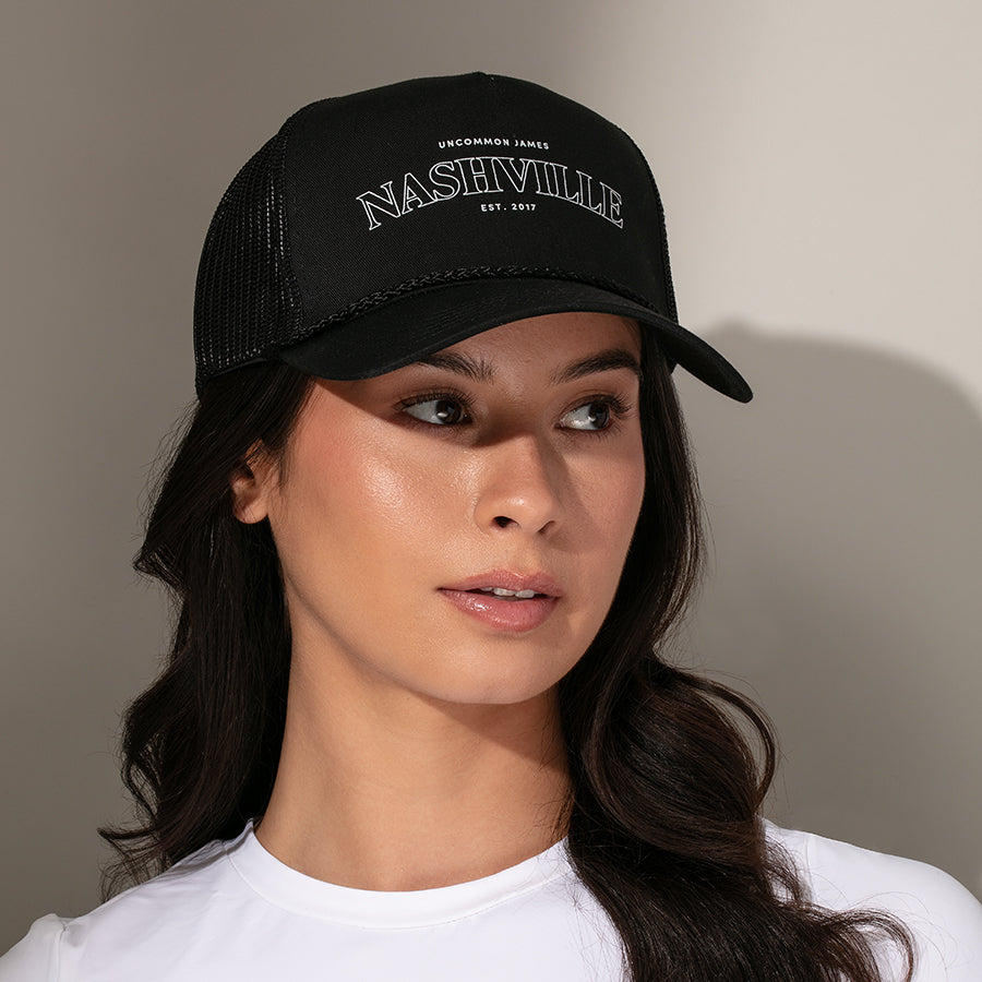 Nashville Trucker Hat | Black | Model Image | Uncommon James