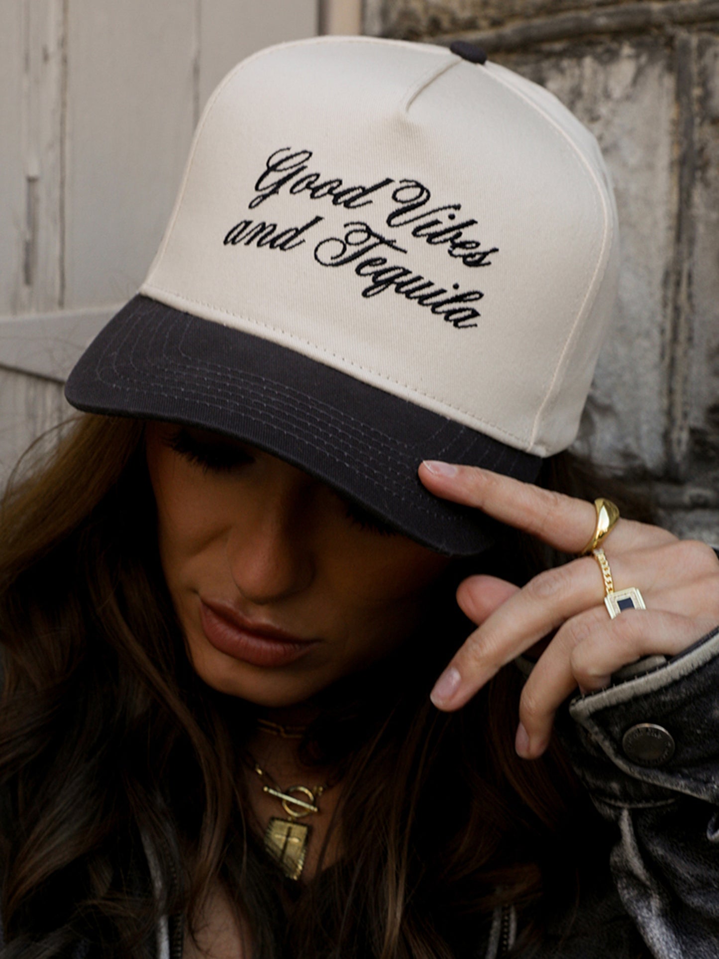 Tequila Vibes Trucker Hat | Charcoal/Tan | Model Image | Uncommon Lifestyle
