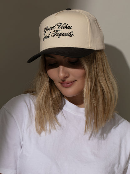 ["Tequila Vibes Trucker Hat ", " Charcoal/Tan ", " Model Image 2 ", " Uncommon Lifestyle"]