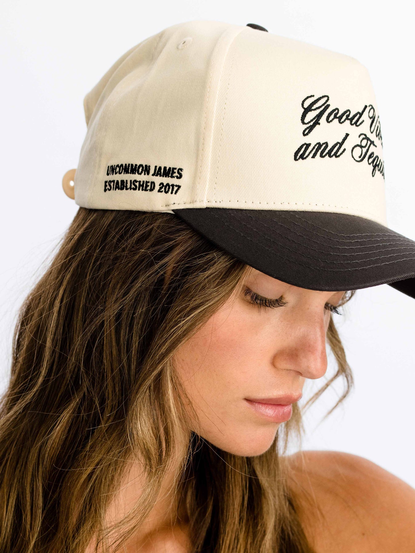 Tequila Vibes Trucker Hat | Charcoal/Tan | Model Image | Uncommon Lifestyle