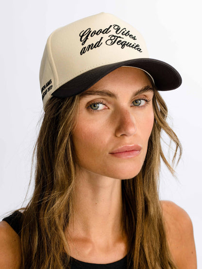 Tequila Vibes Trucker Hat | Charcoal/Tan | Model Image | Uncommon Lifestyle