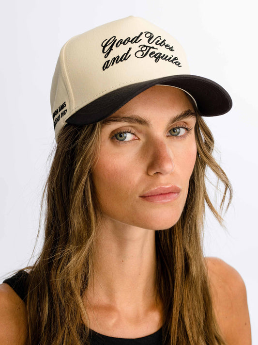 Tequila Vibes Trucker Hat | Charcoal/Tan | Model Image | Uncommon Lifestyle