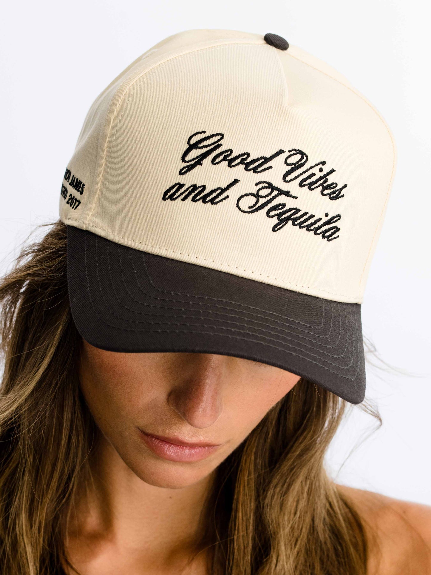 Tequila Vibes Trucker Hat | Charcoal/Tan | Model Image | Uncommon Lifestyle