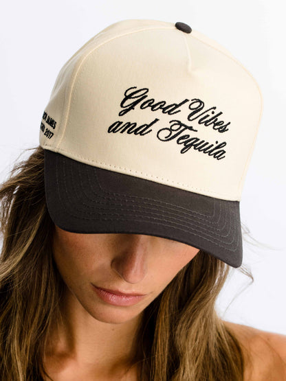 ["Tequila Vibes Trucker Hat ", " Charcoal/Tan ", " Model Image ", " Uncommon Lifestyle"]