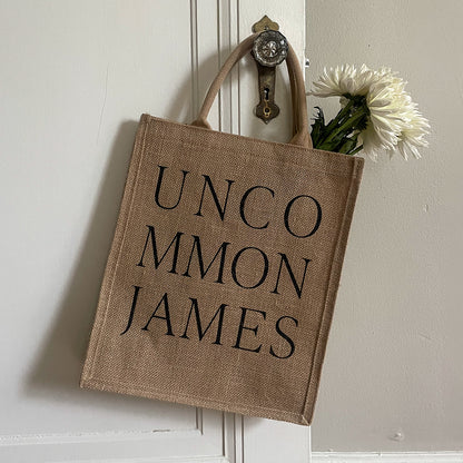 ["UJ Jute Tote Bag ", " Lifestyle Image ", " Uncommon James Home"]