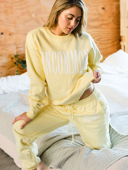 ["Forever Uncommon Sweatpants ", " Yellow ", " Campaign Image ", " Uncommon Lifestyle"]