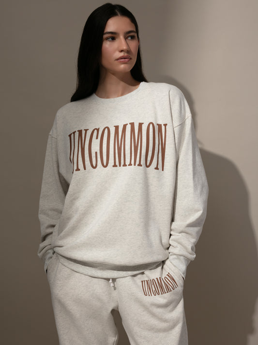 Forever Uncommon Sweatshirt |  Light Gray and Brown | Model Image | Uncommon Lifestyle