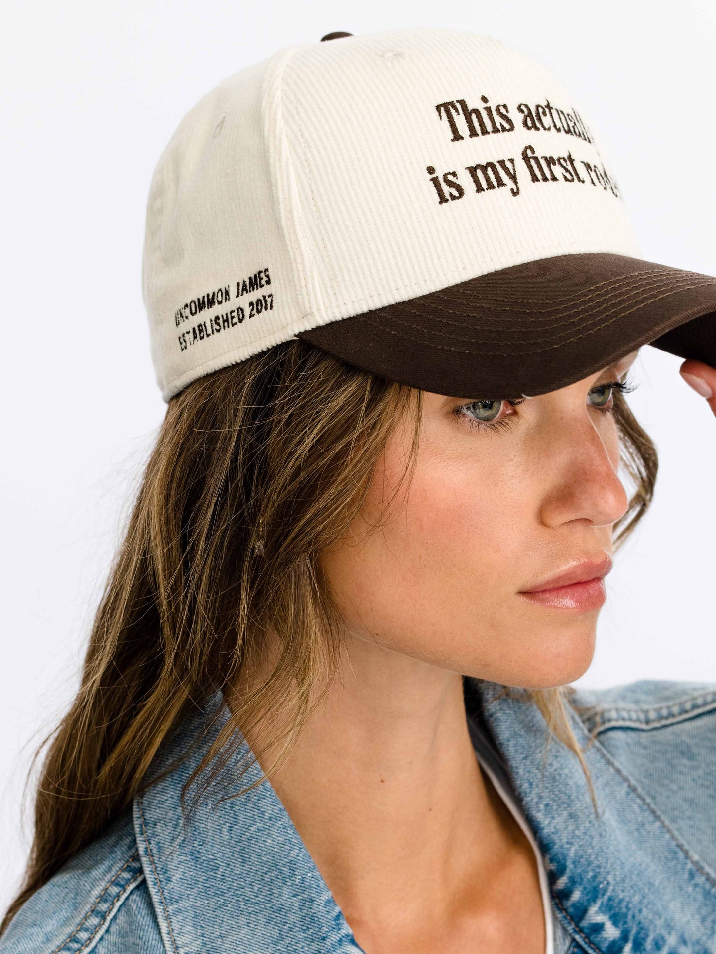 Rodeo Two-Tone Snapback Corduroy Trucker Hat | Brown and Ivory | Model Image | Uncommon Lifestyle