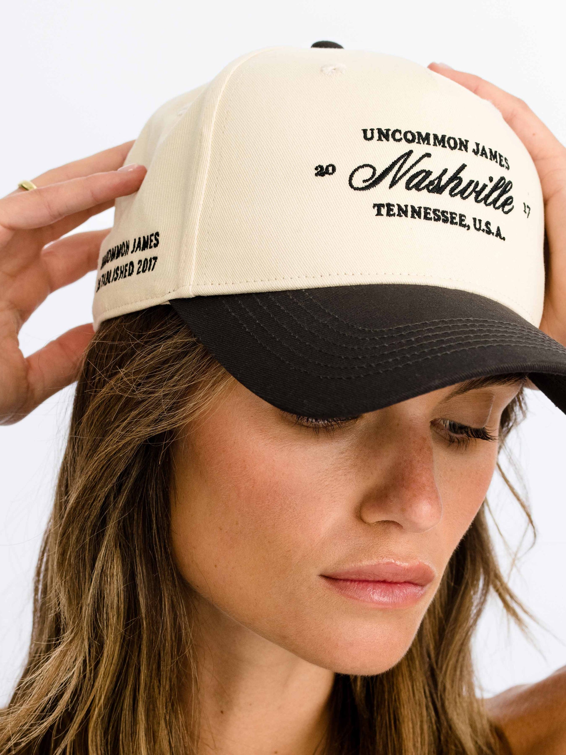 City Girl Nashville Trucker Hat | Charcoal/Tan | Model Image | Uncommon Lifestyle