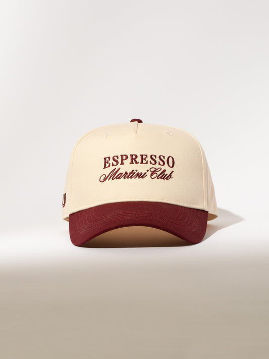 Espresso Martini Trucker Hat | Burgundy/Tan | Model Image | Uncommon Lifestyle