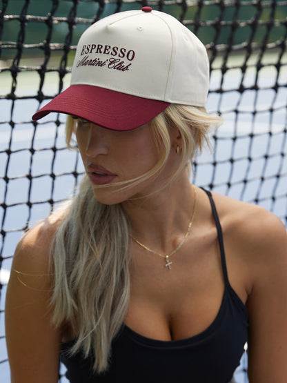 ["Espresso Martini Trucker Hat ", " Burgundy/Tan ", " Campaign Image ", " Uncommon Lifestyle"]