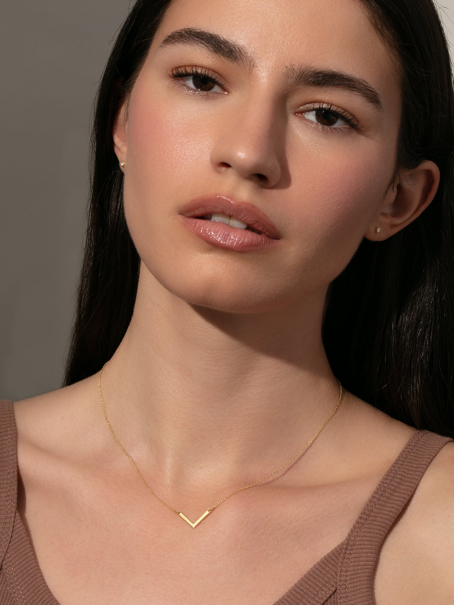 Baby V Necklace | Gold Solid | Model Image | Uncommon James