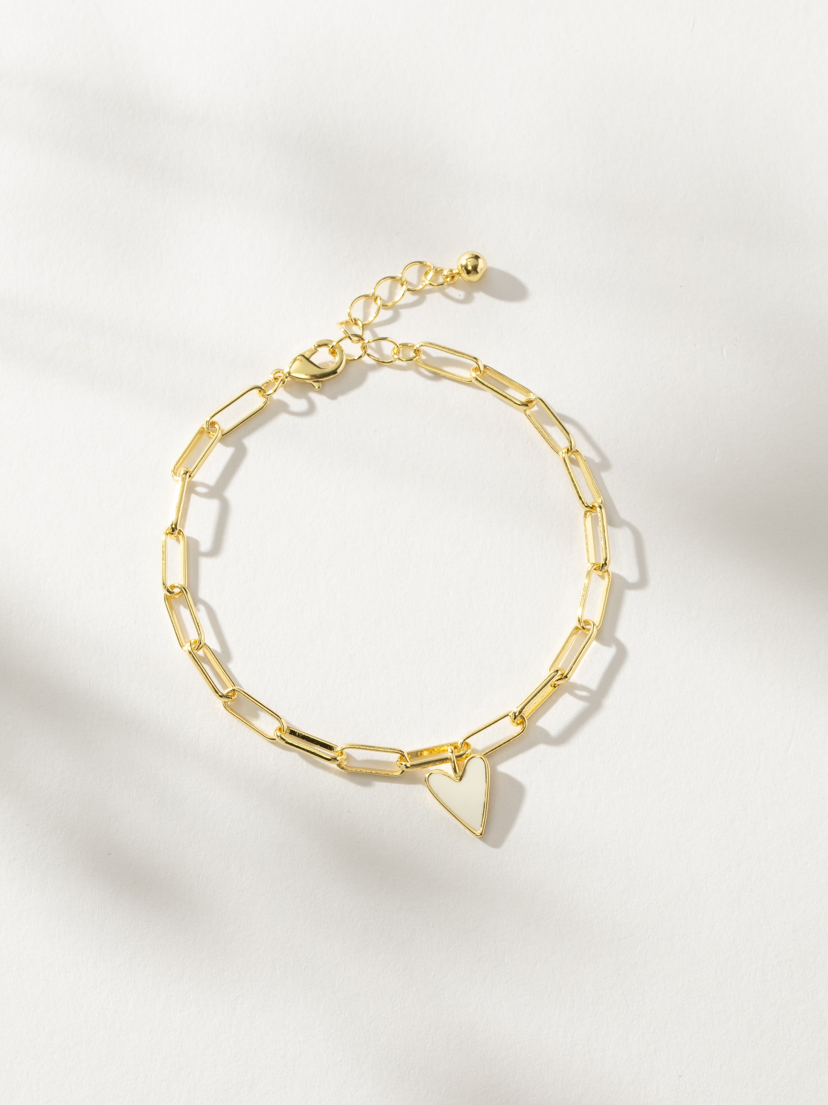 White Enamel Heart Paperclip Chain Bracelet in Gold Uncommon James