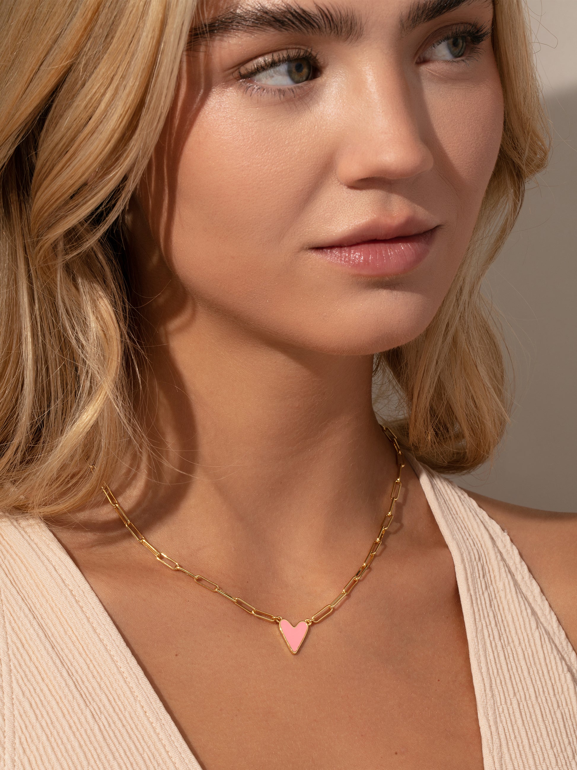 Enamel Heart Necklace | Gold Hot Pink | Model Image | Uncommon James