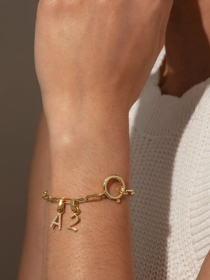 ["Pavé Letter Charm ", " Gold ", " Model Image ", " Uncommon James"]