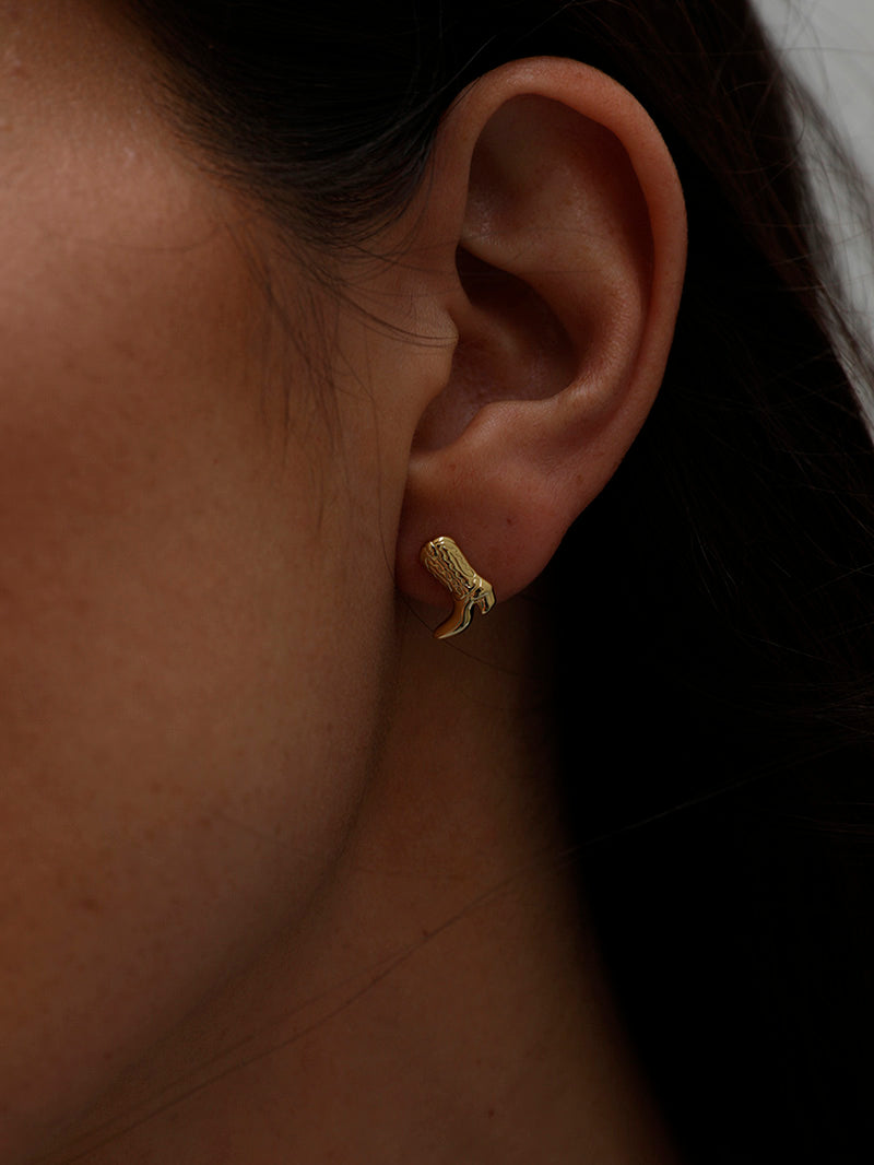 Cowboy Boot Stud Earrings | Gold | Model Image 2 | Uncommon James