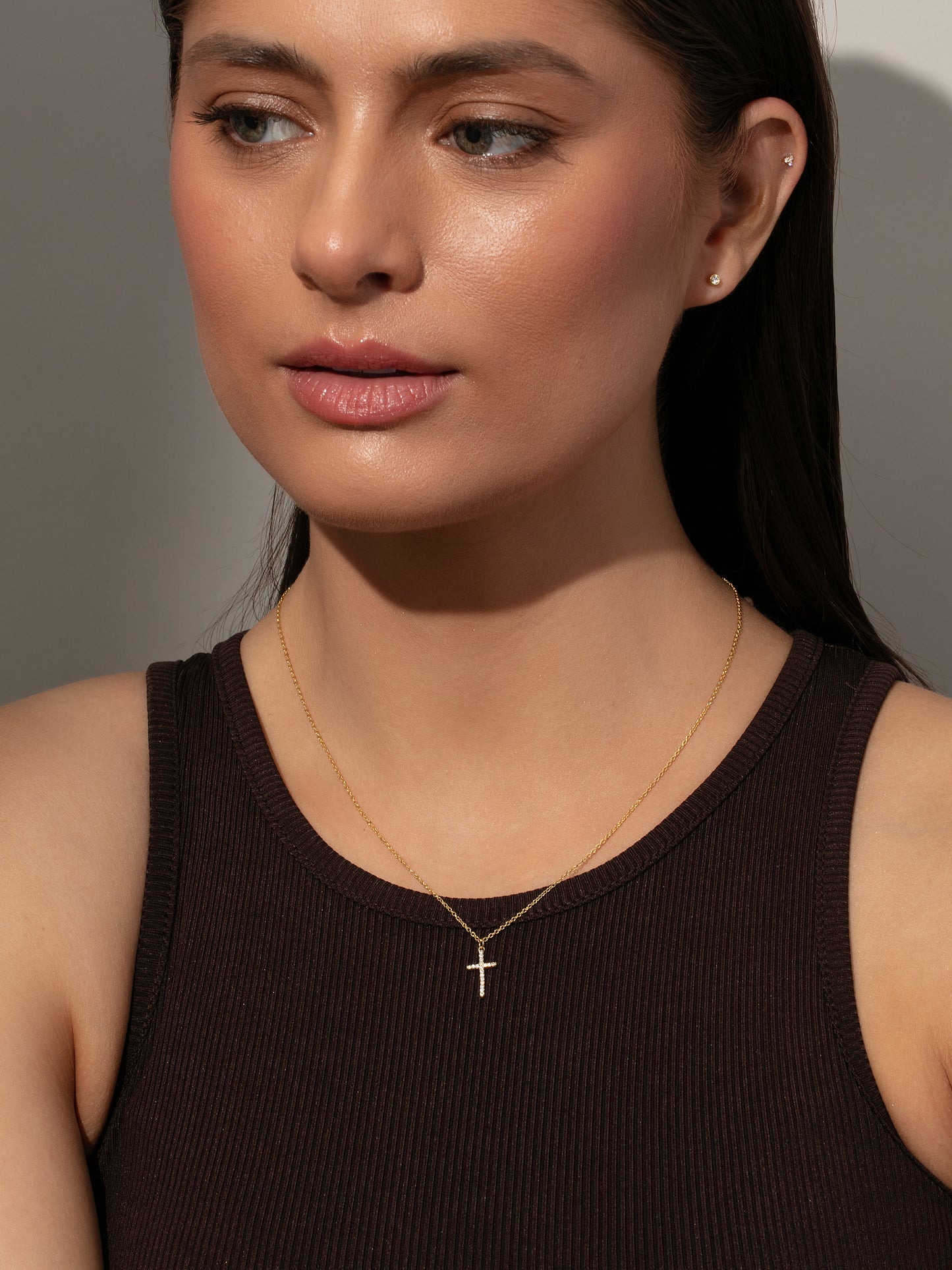 Pavé Cross Necklace | Gold | Model Image | Uncommon James