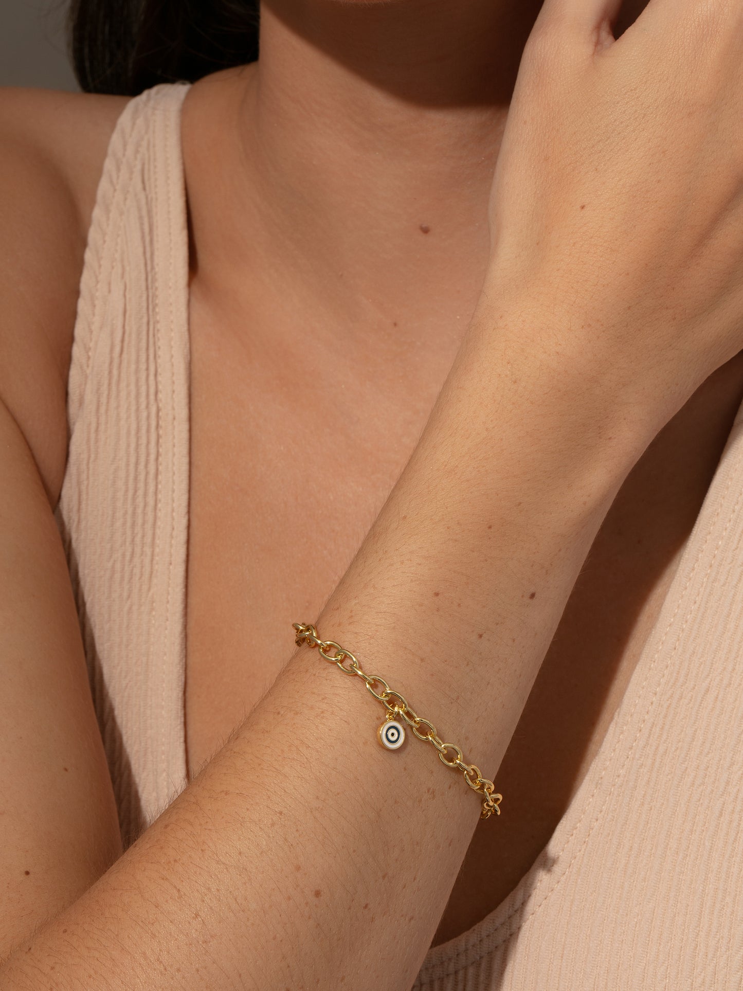 Simple Evil Eye Bracelet | Gold | Model Image | Uncommon James