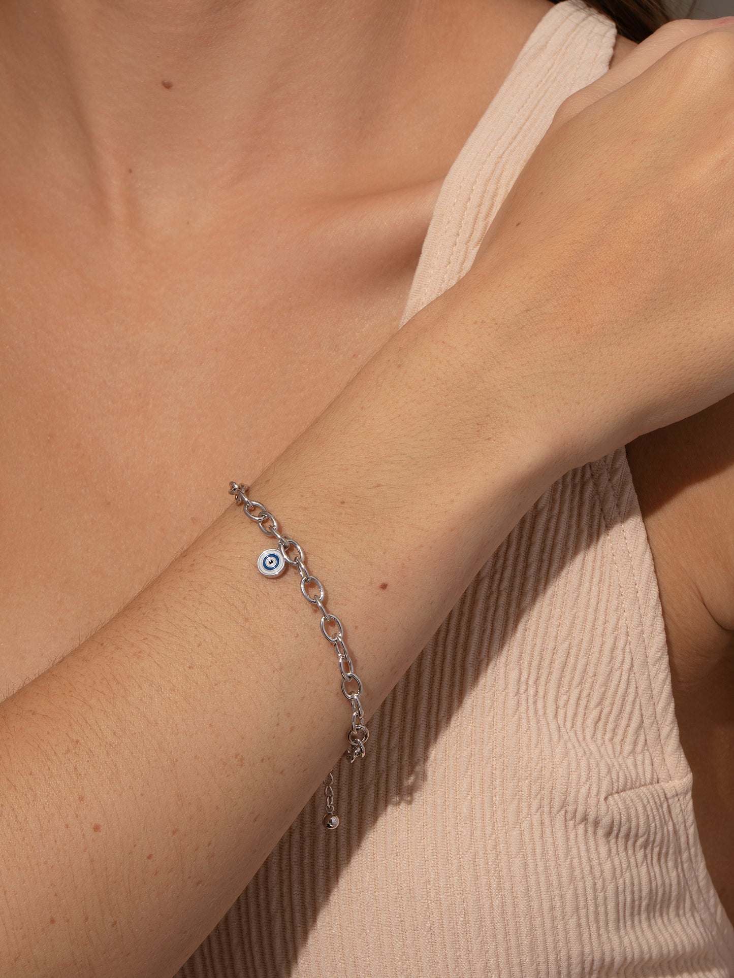 Simple Evil Eye Bracelet | Silver | Model Image | Uncommon James