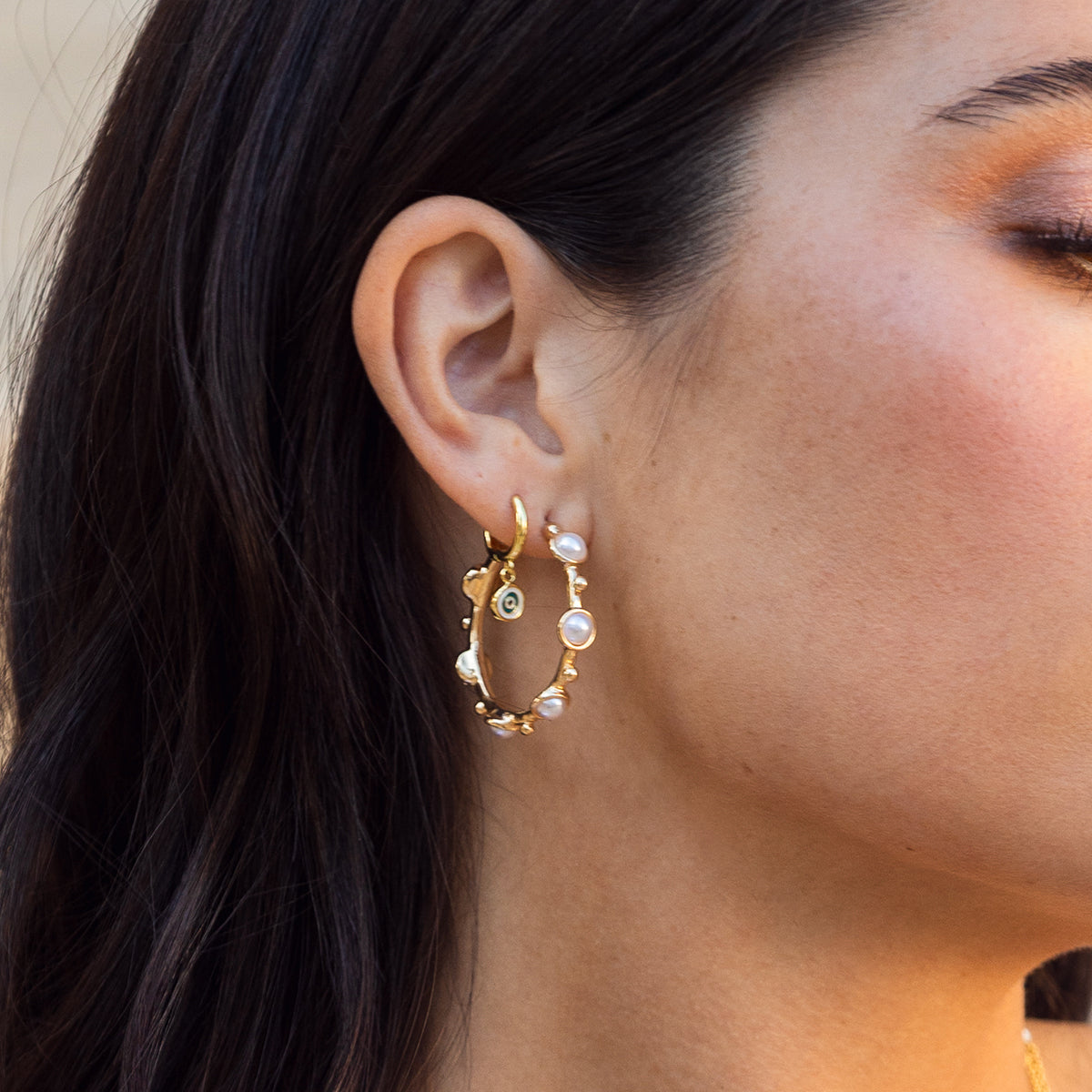 Chic Pearl Hoop Earrings | Gold | Model Image | Uncommon James