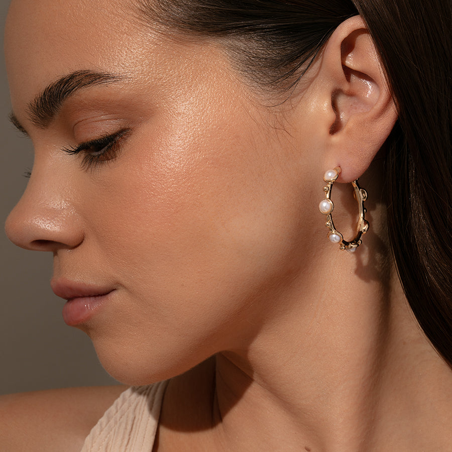 Chic Pearl Hoop Earrings | Gold | Model Image 2 | Uncommon James