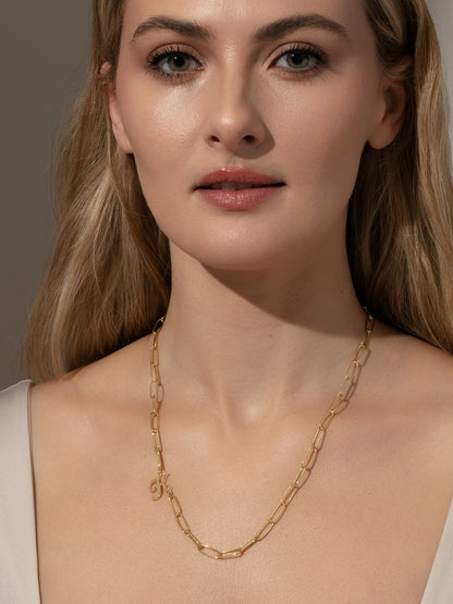 ["Cursive Initial Necklace ", " Gold ", " Model Image ", " Uncommon James"]