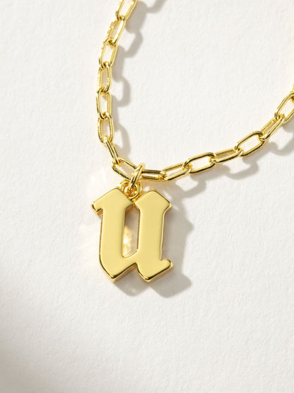 ["Gothic Initial Pendant Necklace ", " Gold U ", " Product Detail Image ", " Uncommon James"]