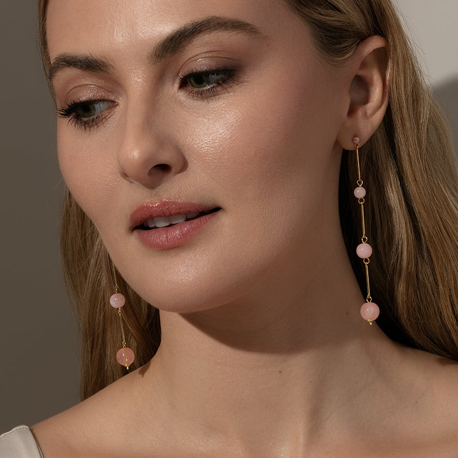 Crystal Ball Dangle Earrings | Gold Pink | Model Image | Uncommon James