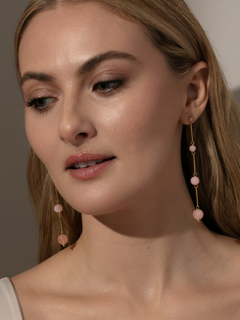 Crystal Ball Dangle Earrings | Gold Pink | Model Image | Uncommon James