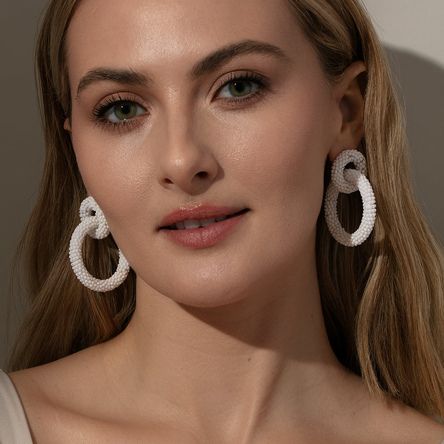 Interlocking Beaded Hoop Earrings | White | Model Image 2 | Uncommon James