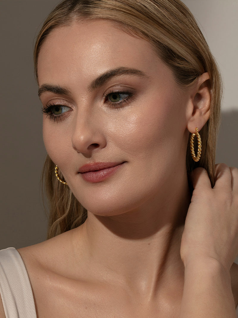 Rope Twist Hoop Earrings | Gold | Model Image 2 | Uncommon James